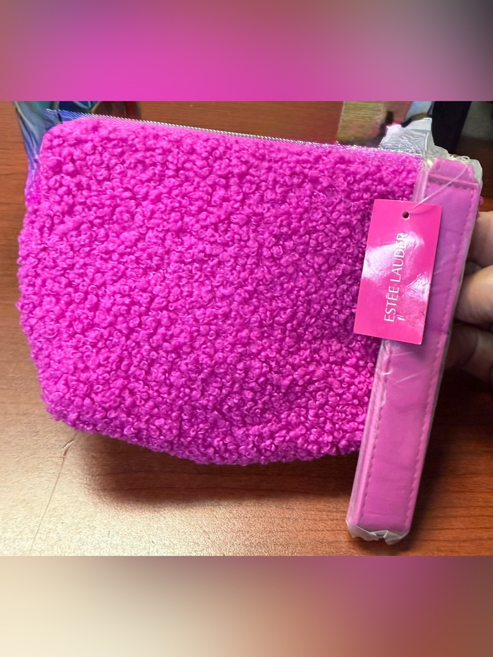 Estee Lauder Hot Pink Fuzzy Pouch with Matching Wristlet Strap